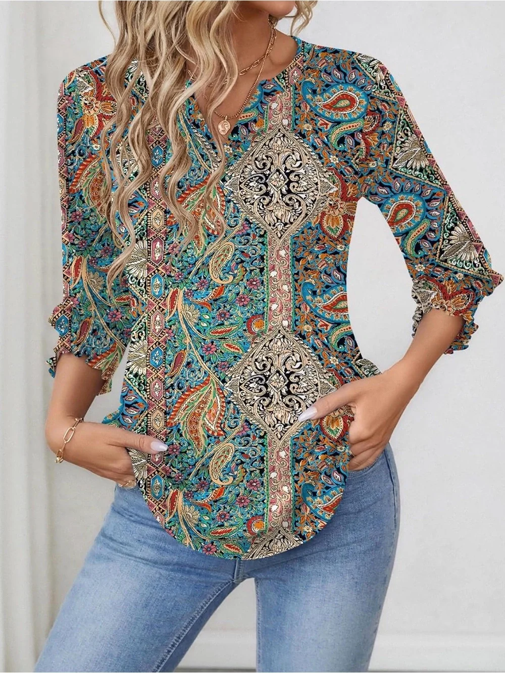 Women’s Paisley V-Neck Blouse in Teal & Rust